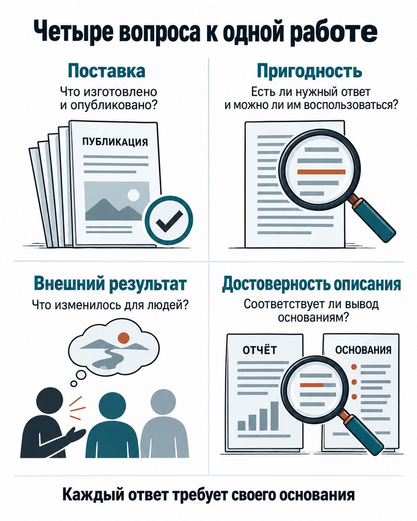 Четыре предмета проверки: поставка, пригодность, внешний результат и достоверность описания.