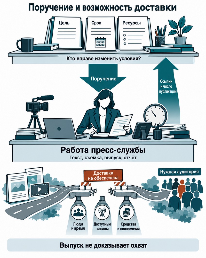 Поручение, ресурсы и возможность доставки сообщения аудитории.