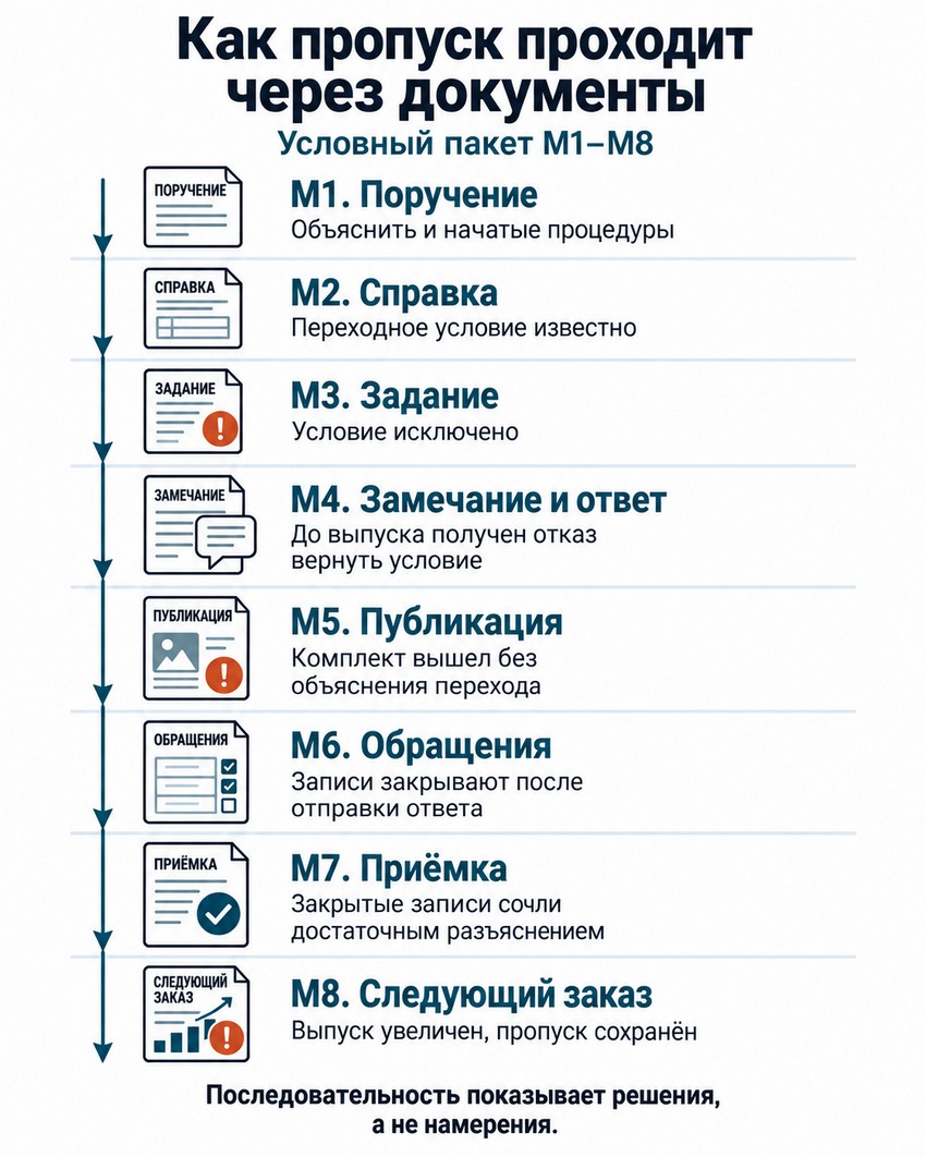 Путь пропуска через восемь условных документов М1–М8.
